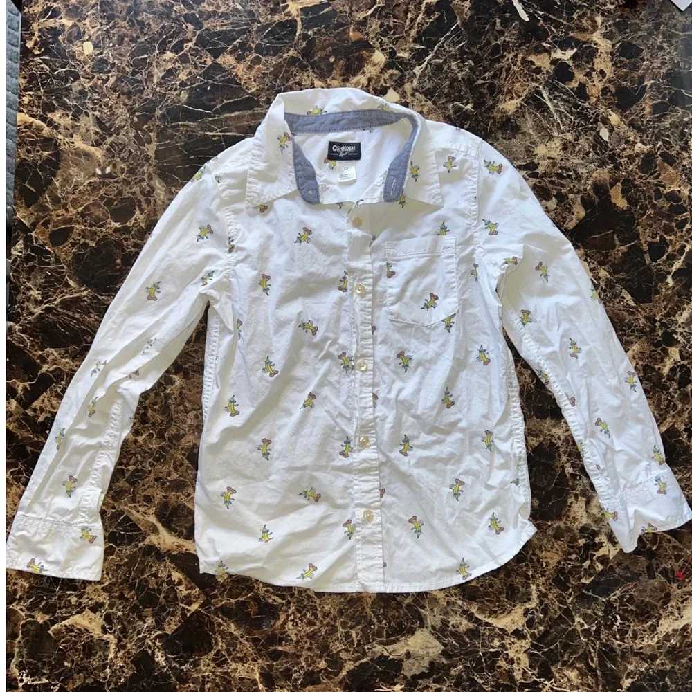 OshKosh B'gosh Boys White Banana Skater Print Long Sleeve Button Up Shirt Siz12